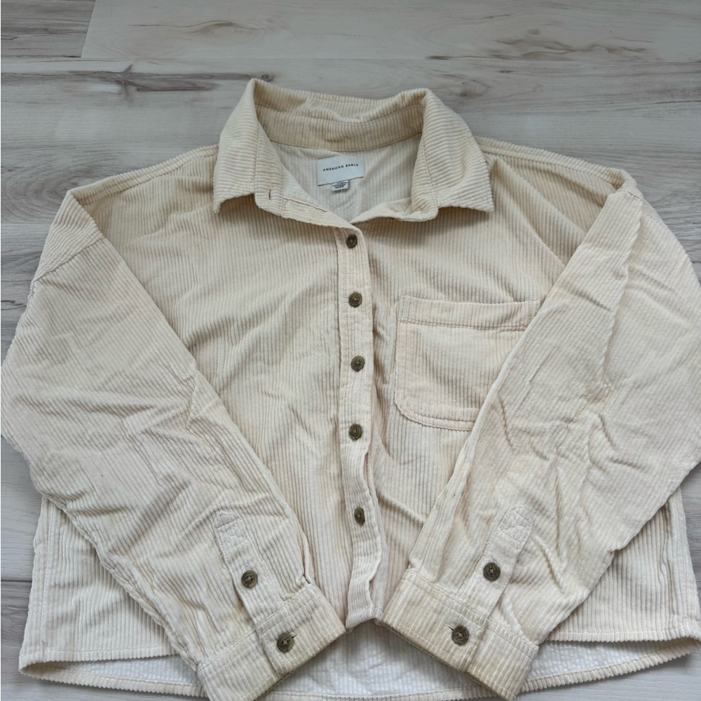 American Eagle Outfitters Cream Corduroy Cropped Button-Up Jacket